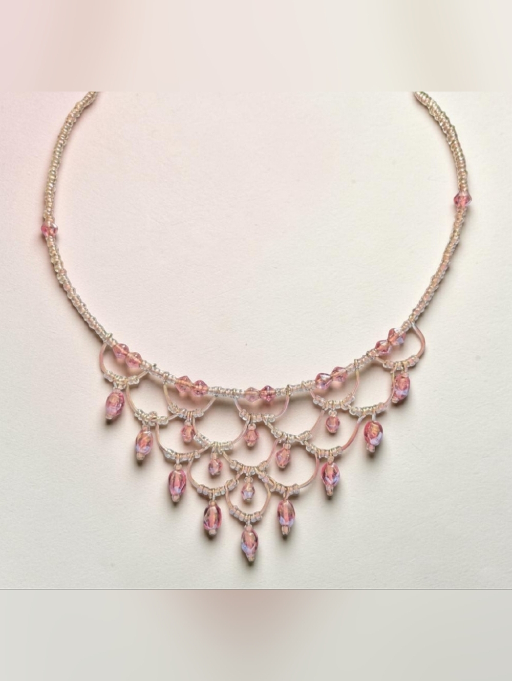 Pink Beaded Fringe Statement Necklace with Dangle Crystal Accents